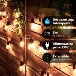 Guirlande lumineuse LED 5m 12V, extensible IP44, 10 boules ST48 mini-Edison