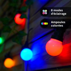 Guirlande lumineuse LED 5m 12V, extensible IP44, 10 boules P45, 8 modes d'utilisation