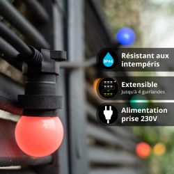 Guirlande lumineuse LED 5m 12V, extensible IP44, 10 boules P45, 8 modes d'utilisation
