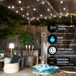 Guirlande Guinguette LED Noire, x10 Ampoules Vintage E27 Incluses, 5m Extensible