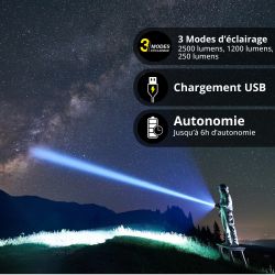 Torche LED rechargeable USB-C, ou piles, 2500 lumens