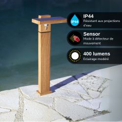 Borne Solaire 50cm IP44 600 Lumens - Détecteur de mouvements - 3 modes de fonctionnement - Finitions bois