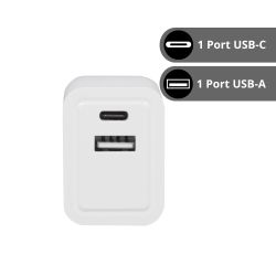 Adaptateur secteur 18W, 5V/3A, 2 ports de charge USB-C / USB-A