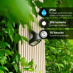Applique murale hybride Solaire / USB, 350 Lumens, IP54, 3 modes d'éclairage, 10h d'autonomie