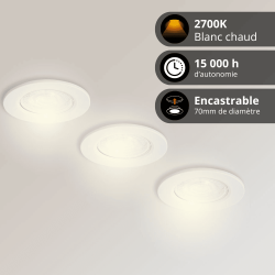 Lot de 3 Spots Encastrable LED Intégrés - Dimmable et Orientable - cons. 4.5W (eq. 50W) - 345 lumens - Blanc chaud