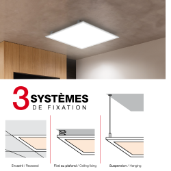 Plafonnier LED carré - cons. 42W - 3300 lumens - Blanc neutre - 3 modes de fixation